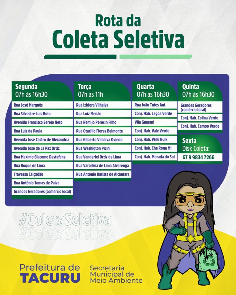 Prefeitura de Tacuru estabelece programação da coleta seletiva Prefeitura de Tacuru estabelece programação da coleta seletiva