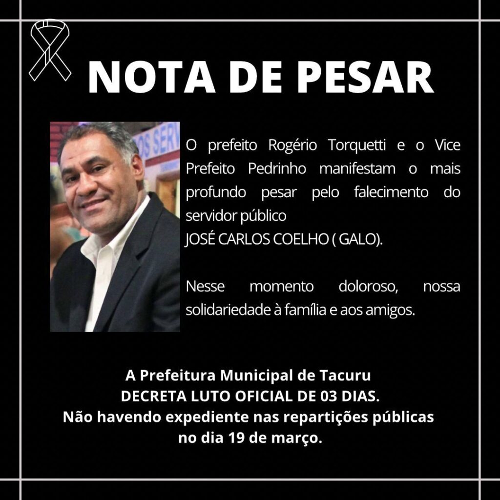 Morre aos 55 anos José Carlos Coelho, o “Galo”, ex-assessor de imprensa da prefeitura em Tacuru Morre aos 55 anos José Carlos Coelho, o “Galo”, ex-assessor de imprensa da prefeitura em Tacuru