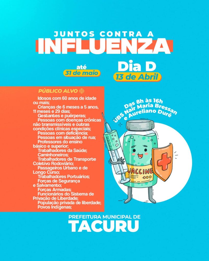 Prefeitura de Tacuru promove Dia D da campanha de vacinação contra a gripe em 13 de abril