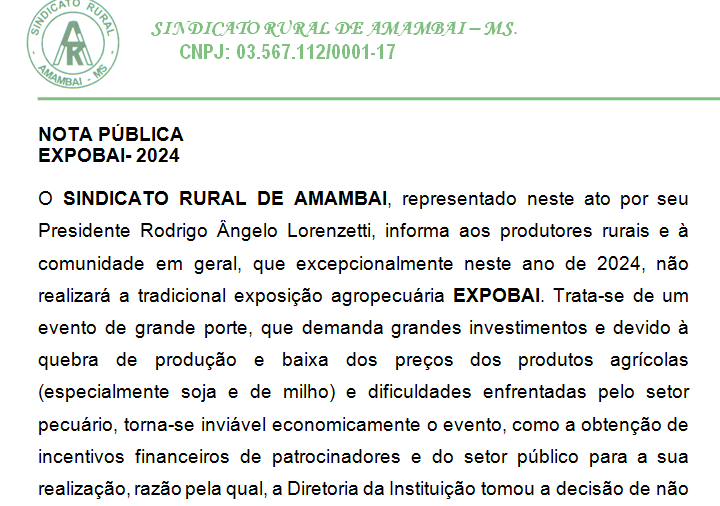 Perdas na safra e preços baixos dos produtos agropecuários levam ao cancelamento da Expobai em 2024