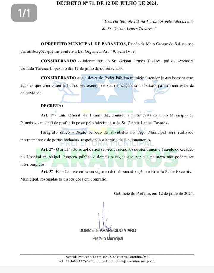 Morre aos 71 anos, o ex-vereador em Paranhos Gelson Lemes Tavares Morre aos 71 anos, o ex-vereador em Paranhos Gelson Lemes Tavares