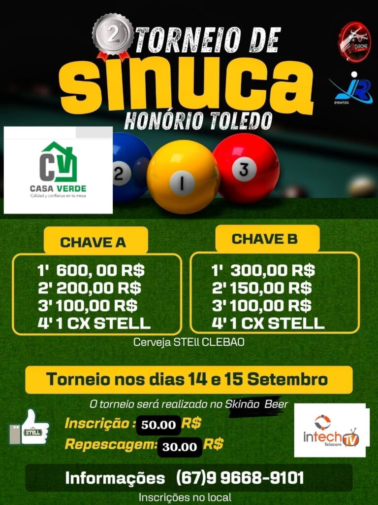 2º Torneio de Sinuca Honório Toledo acontece neste fim de semana em Amambai 2º Torneio de Sinuca Honório Toledo acontece neste fim de semana em Amambai