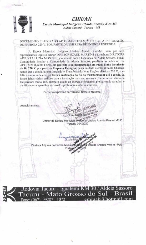 Protesto de alunos da Aldeia Sassoró cobra da Energisa a conclusão da rede elétrica de escola indígena, em Tacuru Protesto de alunos da Aldeia Sassoró cobra da Energisa a conclusão da rede elétrica de escola indígena, em Tacuru