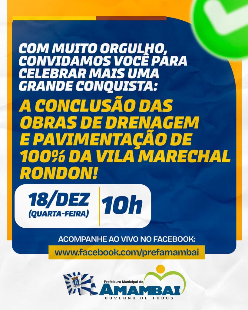 Prefeito de Amambai, Dr. Bandeira, entrega obras nesta quarta-feira (18), com mais de R$ 4,6 milhões em investimentos Prefeito de Amambai, Dr. Bandeira, entrega obras nesta quarta-feira (18), com mais de R$ 4,6 milhões em investimentos