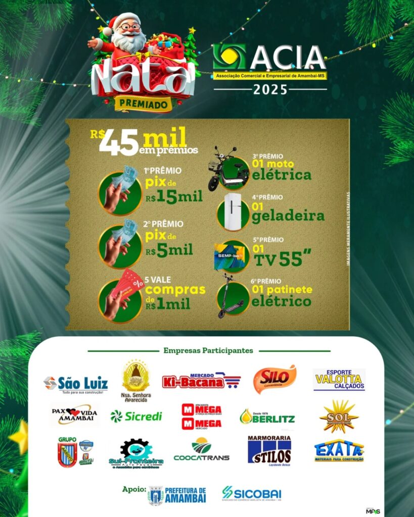 ACIA sorteia R$ 45 mil em prêmios da campanha Natal Premiado neste sábado em Amambai ACIA sorteia R$ 45 mil em prêmios da campanha Natal Premiado neste sábado em Amambai