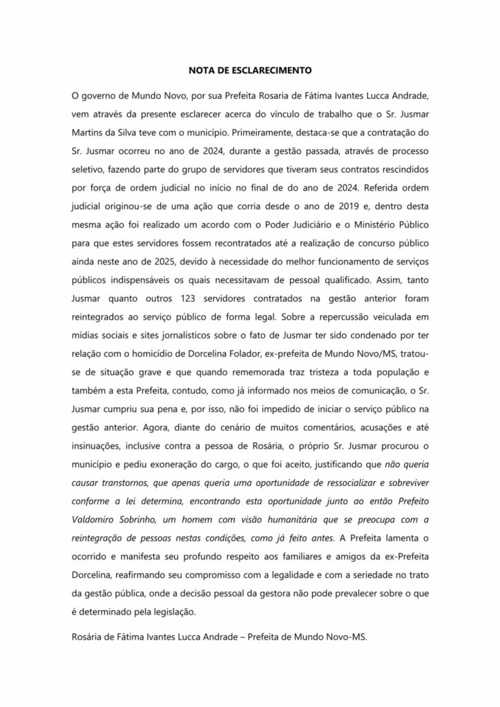 Governo de Mundo Novo emite nota de esclarecimento sobre exoneração do servidor Jusmar Martins Governo de Mundo Novo emite nota de esclarecimento sobre exoneração do servidor Jusmar Martins