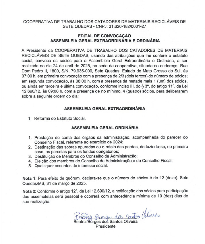 Cooperativa de Trabalho dos Catadores de Materiais Recicláveis de Sete Quedas divulga edital de convocação