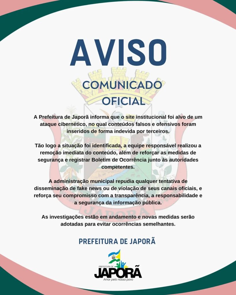 Prefeitura de Japorã sofre ataque cibernético e reforça medidas de segurança digital Prefeitura de Japorã sofre ataque cibernético e reforça medidas de segurança digital