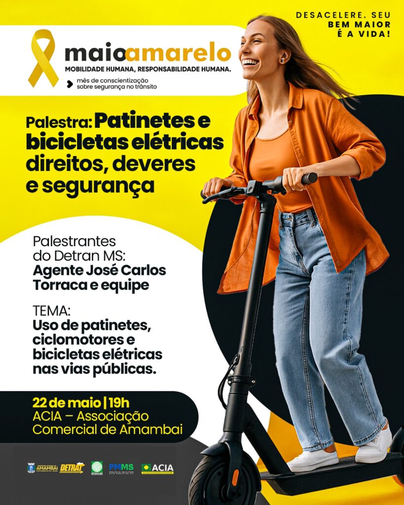Maio Amarelo: Palestra sobre uso seguro de patinetes e bicicletas elétricas acontece nesta quinta-feira (22), em Amambai