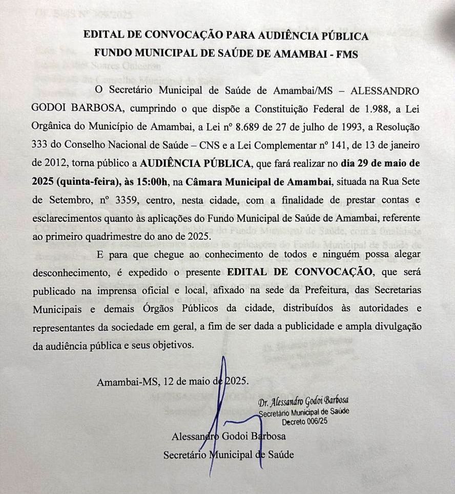 Audiência Pública do Fundo Municipal de Saúde será realizada nesta quinta-feira (29)