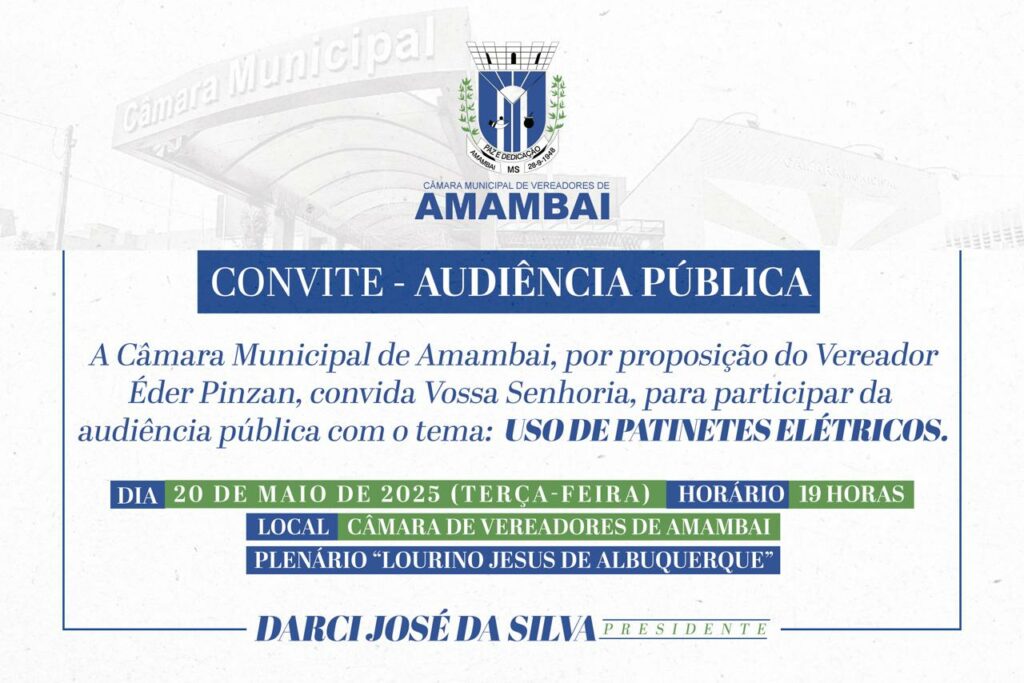 Audiência pública para debater uso de patinete elétrico acontece terça-feira na Câmara em Amambai