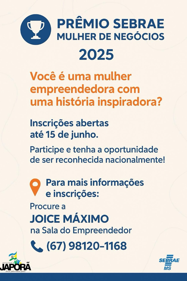 Japorã abre inscrições para o Prêmio Sebrae Mulher de Negócios 2025