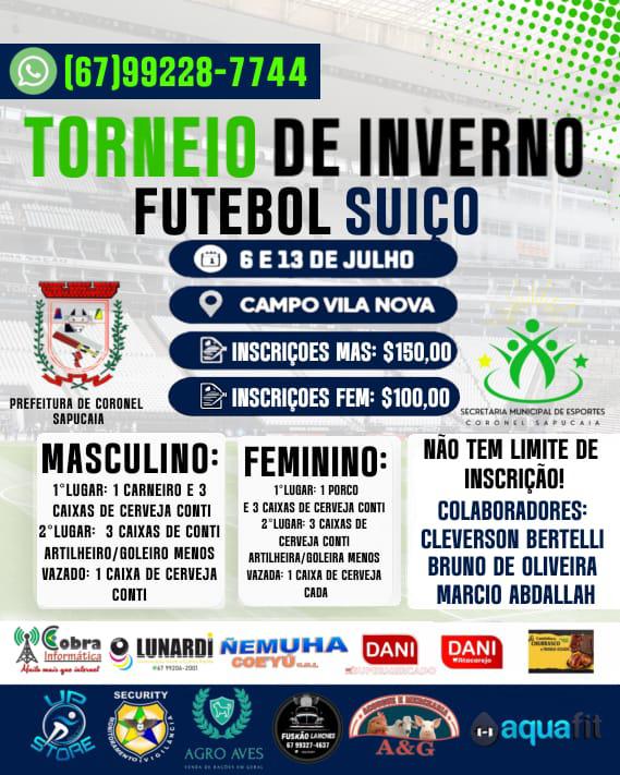 Coronel Sapucaia realiza Torneio de Inverno de Futebol Suíço nos dias 6 e 13 de julho Coronel Sapucaia realiza Torneio de Inverno de Futebol Suíço nos dias 6 e 13 de julho