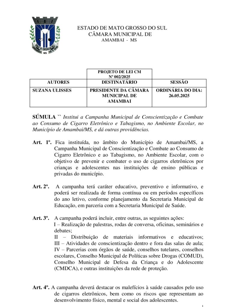 Projeto de Suzana Ulisses institui campanha para combater cigarro eletrônico e tabagismo nas escolas em Amambai