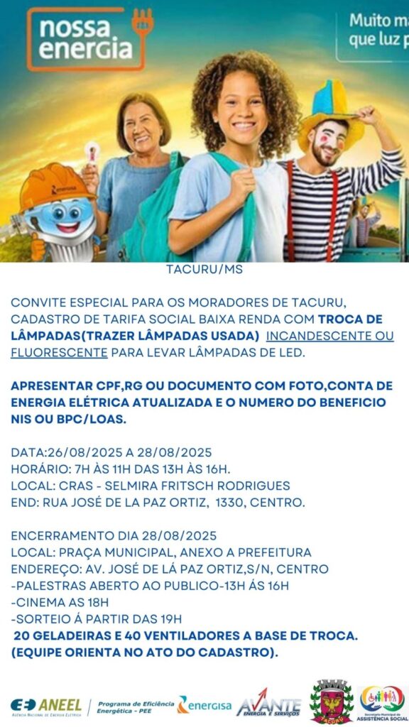 Projeto “Nossa Energia” chega a Tacuru com troca de lâmpadas e sorteio de eletrodomésticos