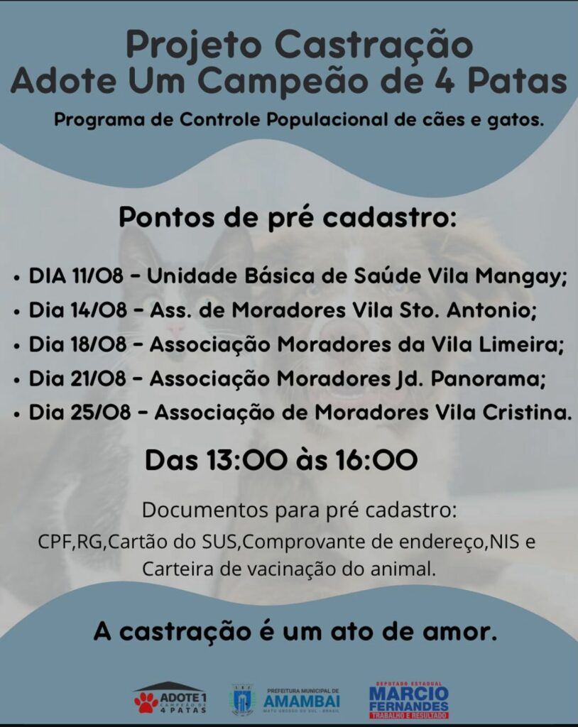 Projeto de castração “Adote Um Campeão de 4 Patas” inicia pré-cadastro em Amambai