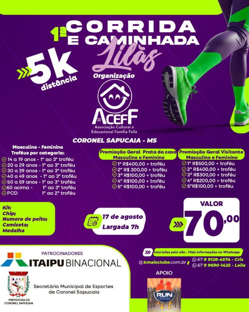 "Corrida e Caminhada Lilás" mobiliza Coronel Sapucaia neste domingo (17)