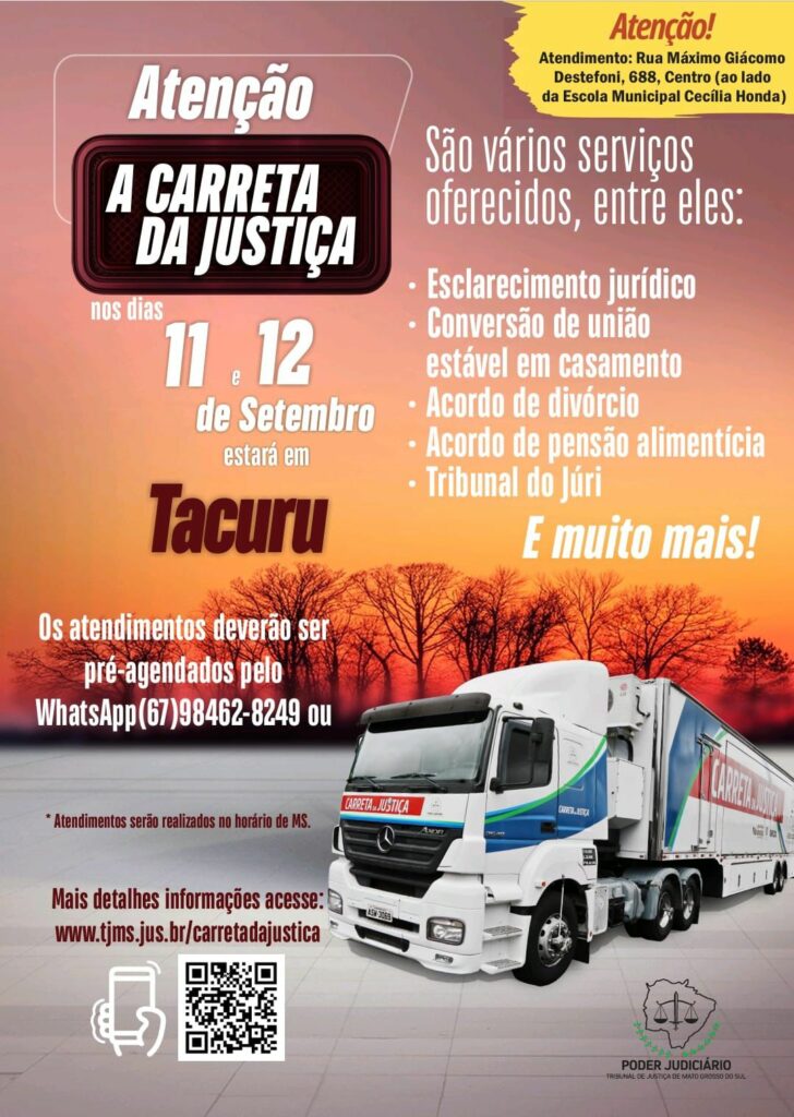 Carreta da Justiça leva atendimento gratuito a Tacuru nos dias 11 e 12 de setembro