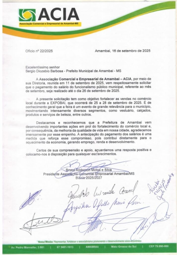 Para promover as vendas no comércio durante a Expobai, ACIA pede à prefeitura antecipação dos salários dos servidores em Amambai