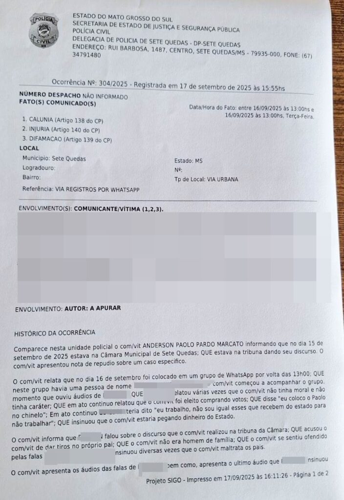 Vereador de Sete Quedas registra ocorrência após sofrer injuria, calunia e difamação em grupo de WhatsApp