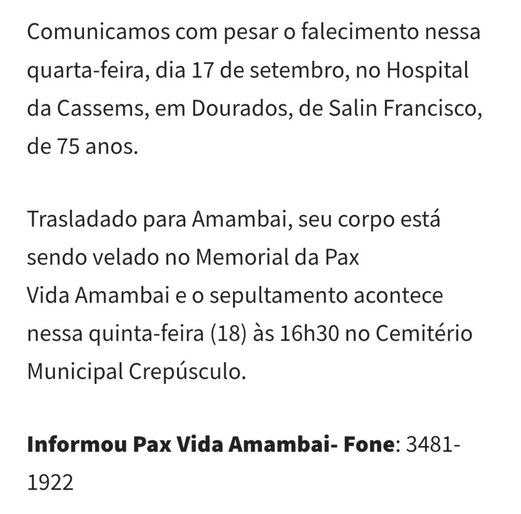 Nota de falecimento de Salin Francisco