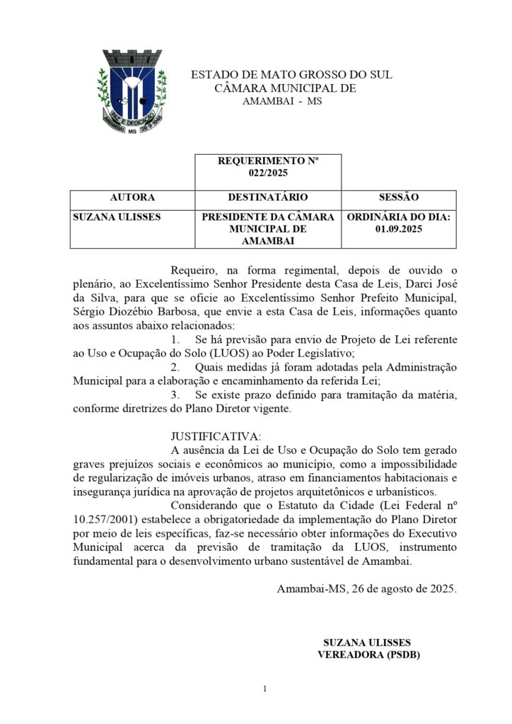 Vereadora Suzana pede informação sobre Lei de Uso e Ocupação do Solo em Amambai Vereadora Suzana pede informação sobre Lei de Uso e Ocupação do Solo em Amambai