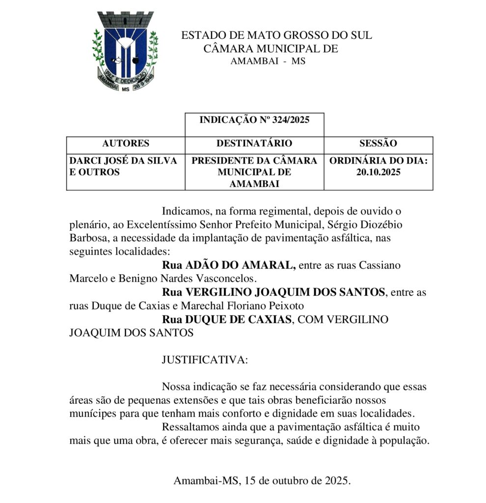 Para garantir conforto e segurança aos moradores vereador Darci pede asfaltamento de trechos de ruas em Amambai