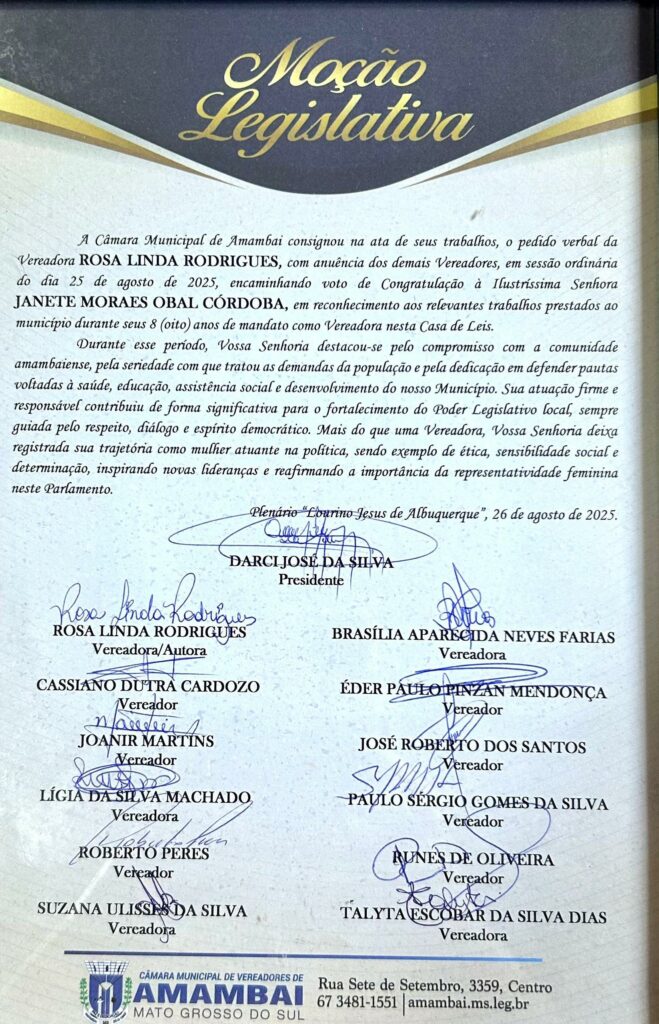 Com grandes serviços prestados, tanto no campo social como político, Janete Córdoba é homenageada pela Câmara Municipal em Amambai Com grandes serviços prestados, tanto no campo social como político, Janete Córdoba é homenageada pela Câmara Municipal em Amambai