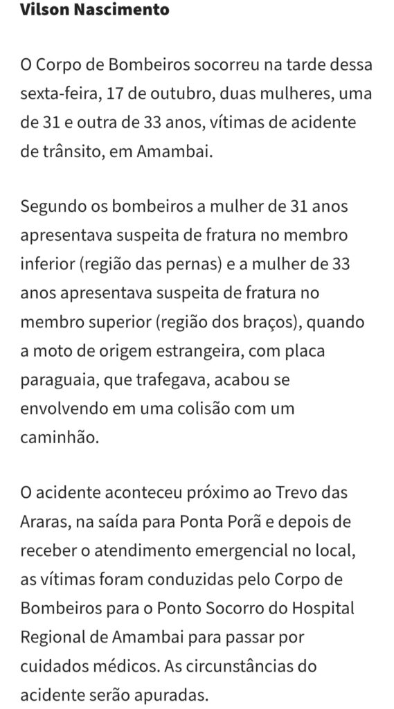Bombeiros socorrem mulheres vítimas de acidente de trânsito em Amambai Bombeiros socorrem mulheres vítimas de acidente de trânsito em Amambai