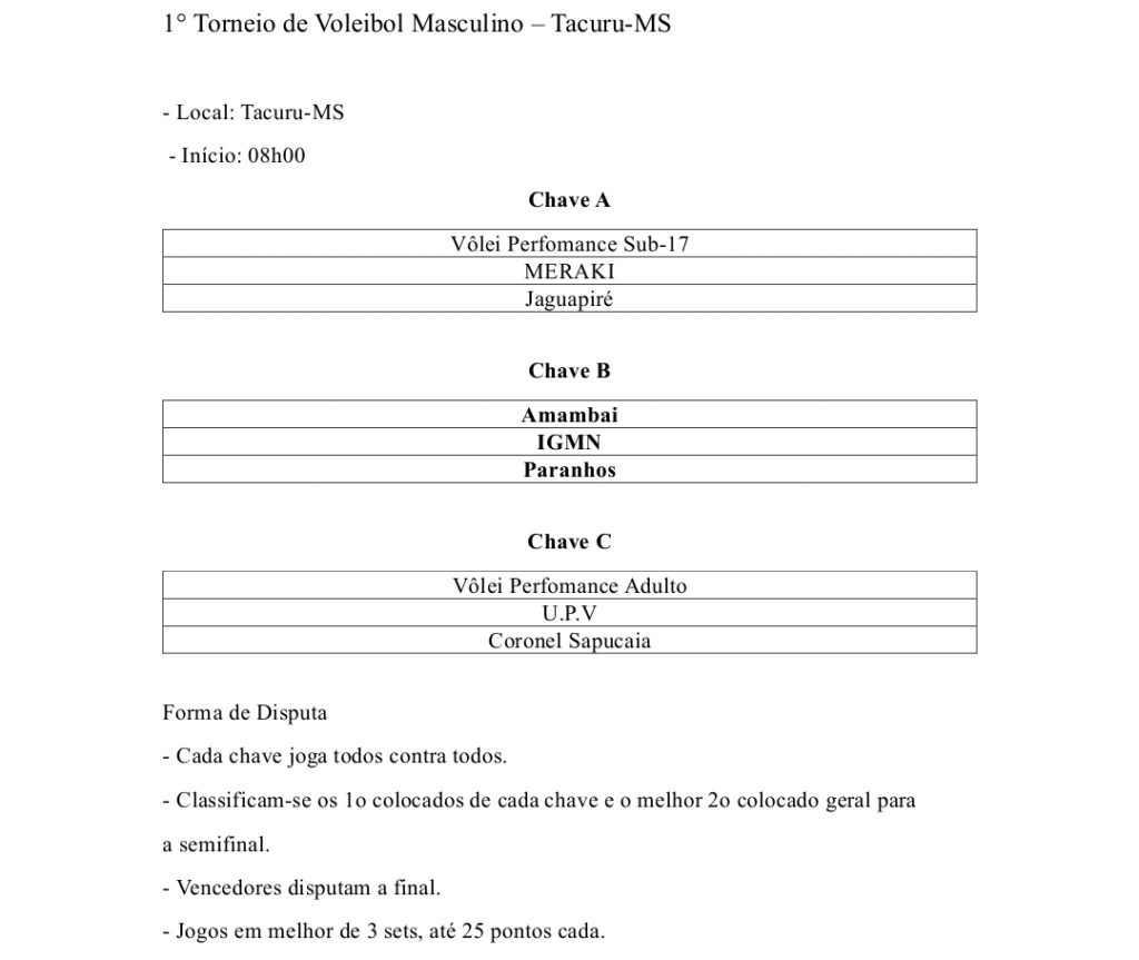 Torneio regional de vôlei masculino movimenta Tacuru neste domingo Torneio regional de vôlei masculino movimenta Tacuru neste domingo