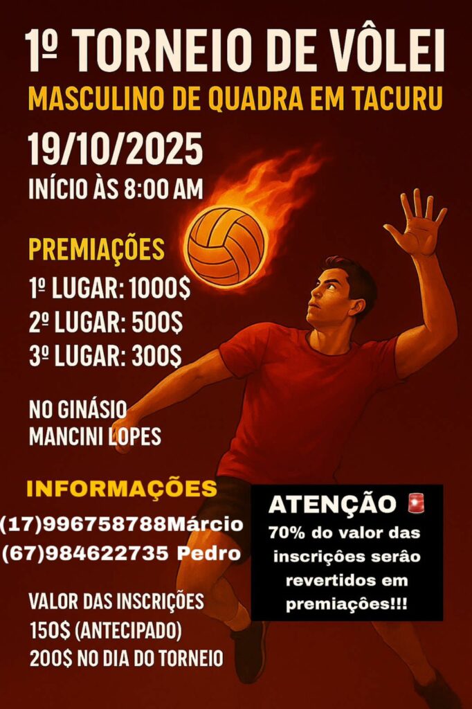 Torneio regional de vôlei masculino movimenta Tacuru neste domingo Torneio regional de vôlei masculino movimenta Tacuru neste domingo