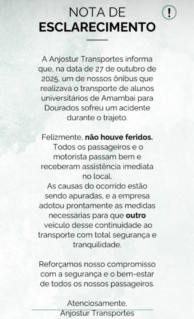 Ônibus transportando universitários de Amambai se envolve em acidente na BR-163, ninguém se feriu Ônibus transportando universitários de Amambai se envolve em acidente na BR-163, ninguém se feriu