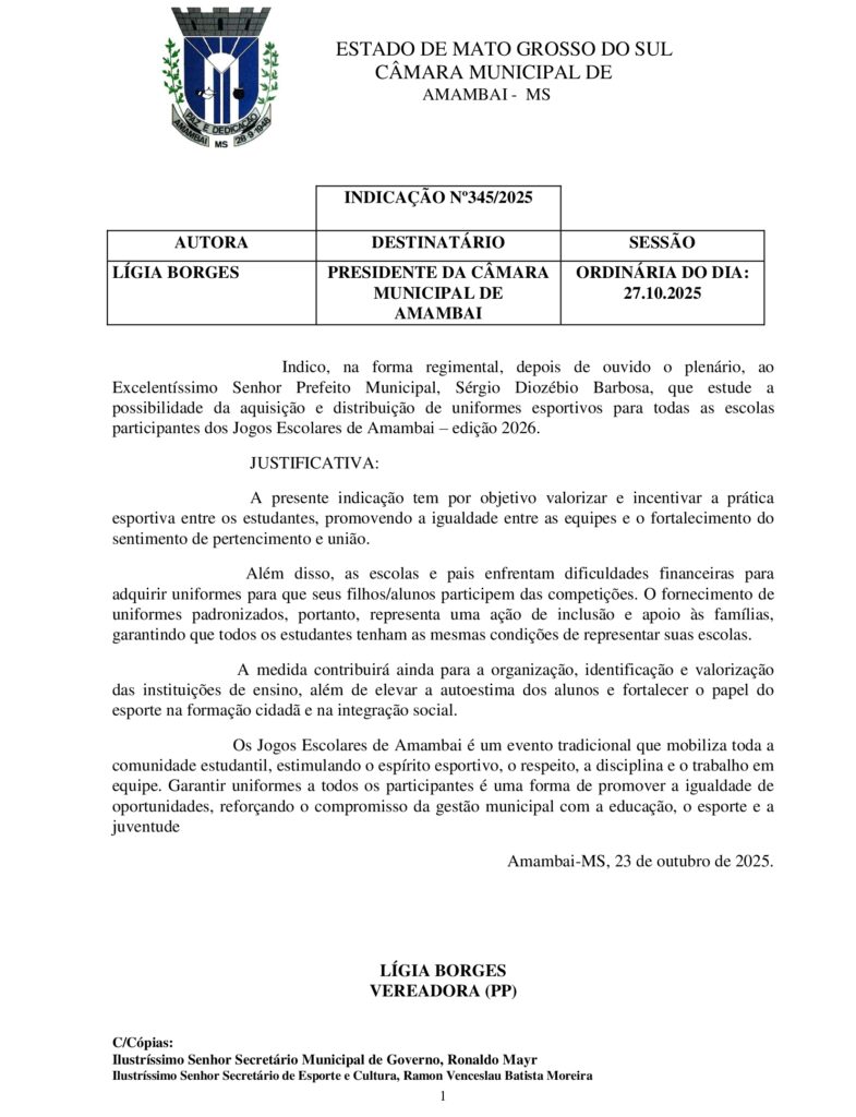 Lígia Borges pede aquisição de uniformes para escolas participarem dos Jogos Escolares em Amambai Lígia Borges pede aquisição de uniformes para escolas participarem dos Jogos Escolares em Amambai