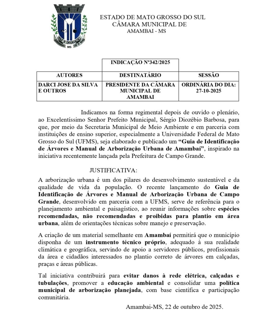 Vereador Darci quer Guia de Identificação de Árvores e Manual de Arborização em Amambai