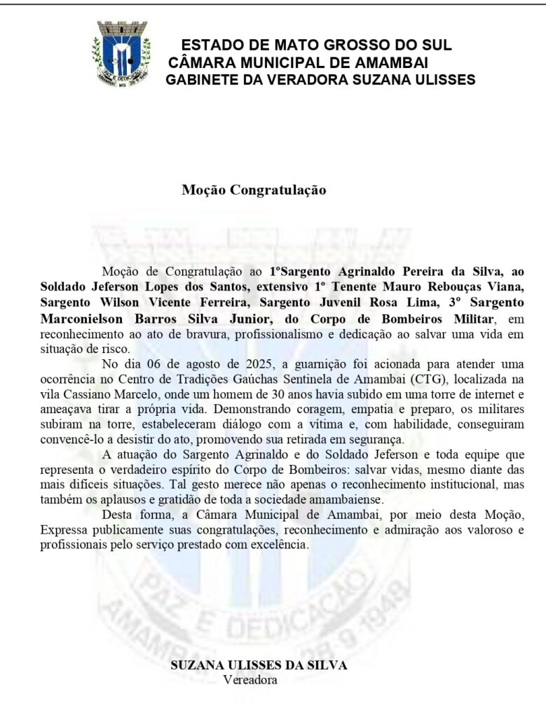 Por indicação de Suzana Ulisses, Câmara Municipal homenageia bombeiros por salvar vida de homem em Amambai Por indicação de Suzana Ulisses, Câmara Municipal homenageia bombeiros por salvar vida de homem em Amambai