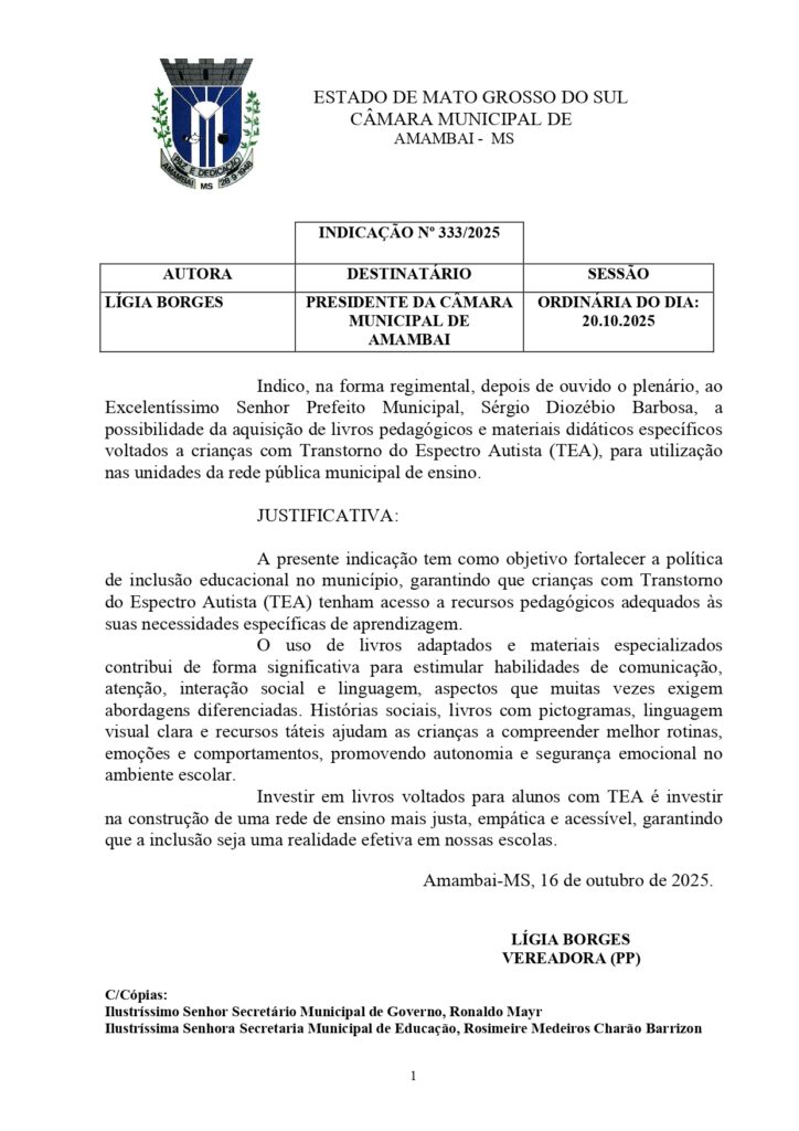 Lígia Borges pede aquisição de livros pedagógicos e materiais didáticos específicos para crianças com TEA em Amambai