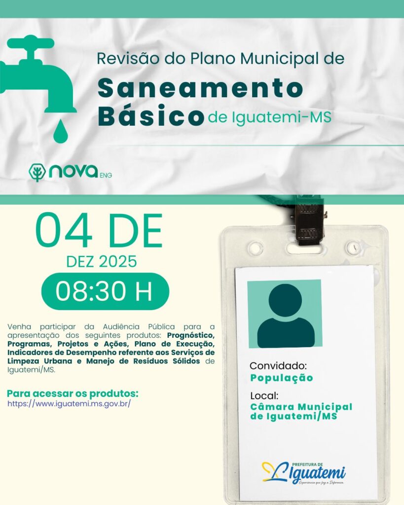 Iguatemi: Revisão do Plano Municipal de Saneamento Básico será debatida em Audiência Pública