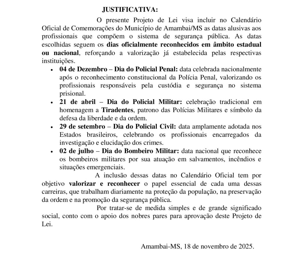 Projeto de autoria de Lígia Borges institui dia de agentes de forças de segurança em Amambai