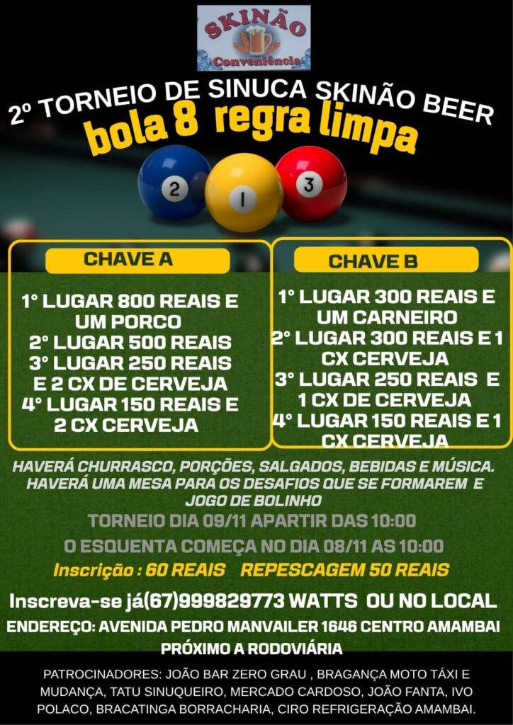 Skinão Conveniência realiza torneio de sinuca neste final de semana em Amambai