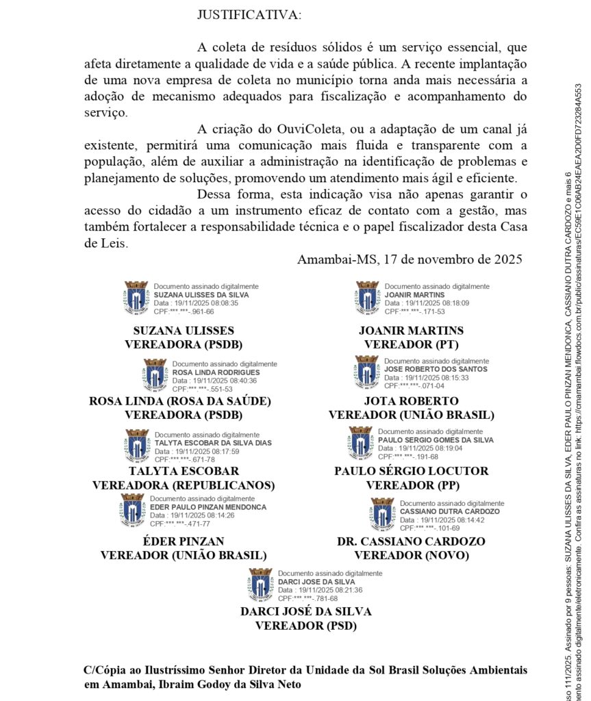 Suzana Ulisses pede que prefeitura crie canal para ouvir a população sobre coleta de lixo em Amambai