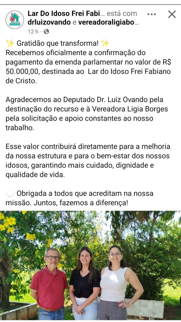 Lar do Idoso de Amambai agradece Lígia Borges e deputado Dr. Luiz Ovando por emenda parlamentar