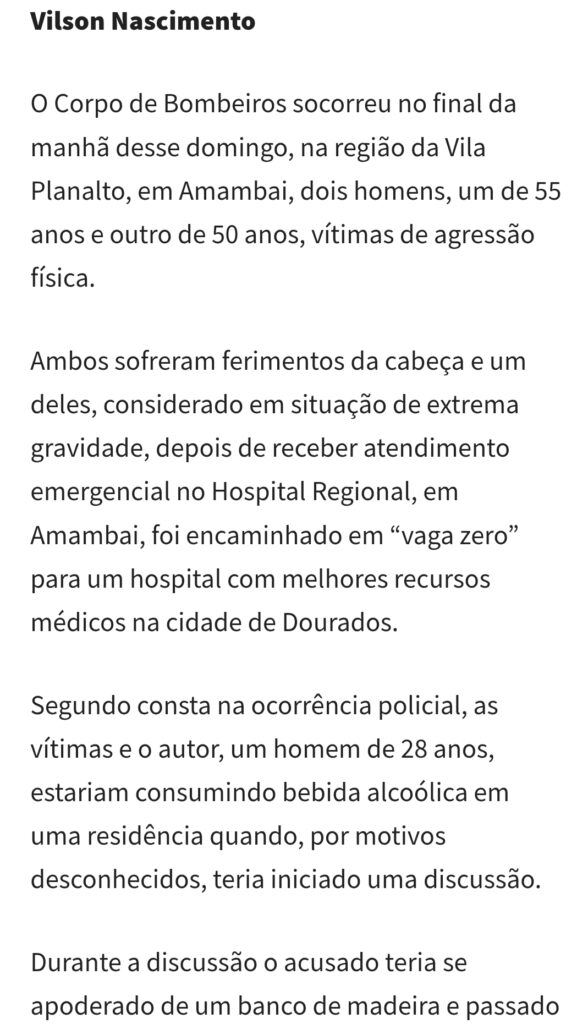Bombeiros socorrem homens de 50 e 55 anos vítimas de agressão em Amambai