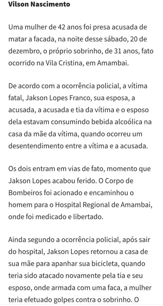 Mulher é presa acusada de matar sobrinho a facada em Amambai