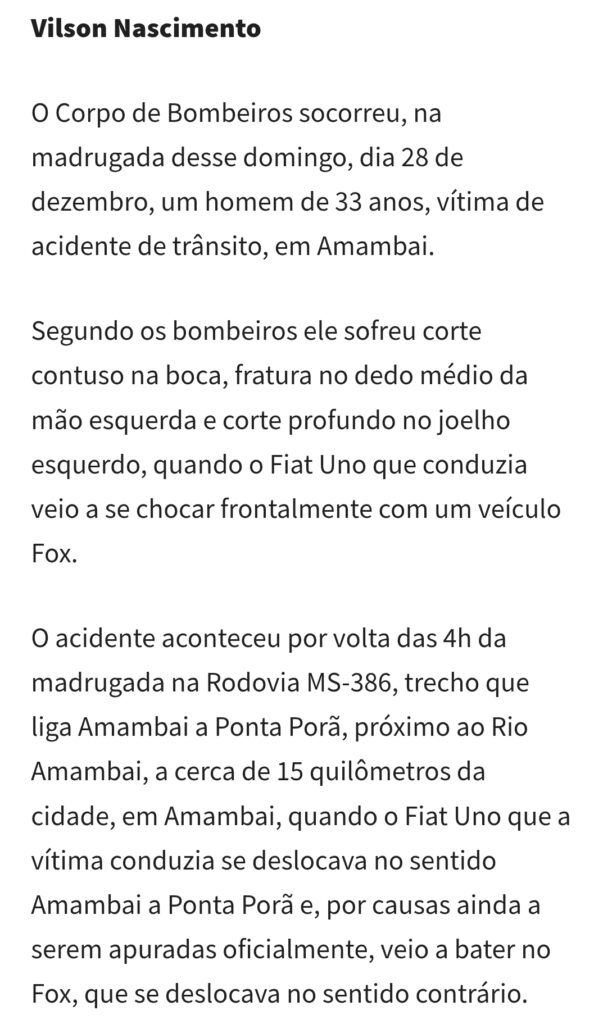 Bombeiros socorrem vitima de acidente em Amambai
