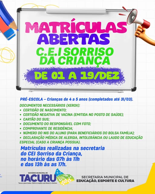 Tacuru: Matrículas para a pré-escola no CEI Sorriso da Criança seguem até 19 de dezembro