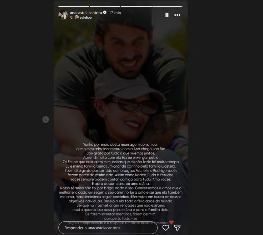 Ana Castela e Zé Felipe anunciam fim do namoro