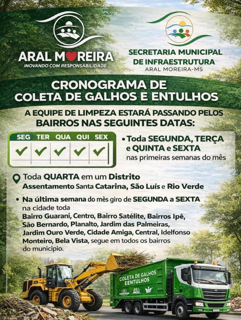 Prefeitura de Aral Moreira reforça proibição de lixo em vias públicas e divulga cronograma de coleta