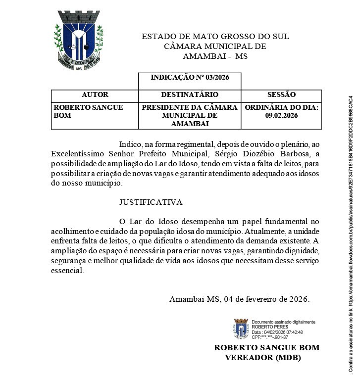 Roberto Sangue Bom pede apoio da prefeitura para aumentar número de vagas no Lar do Idoso em Amambai