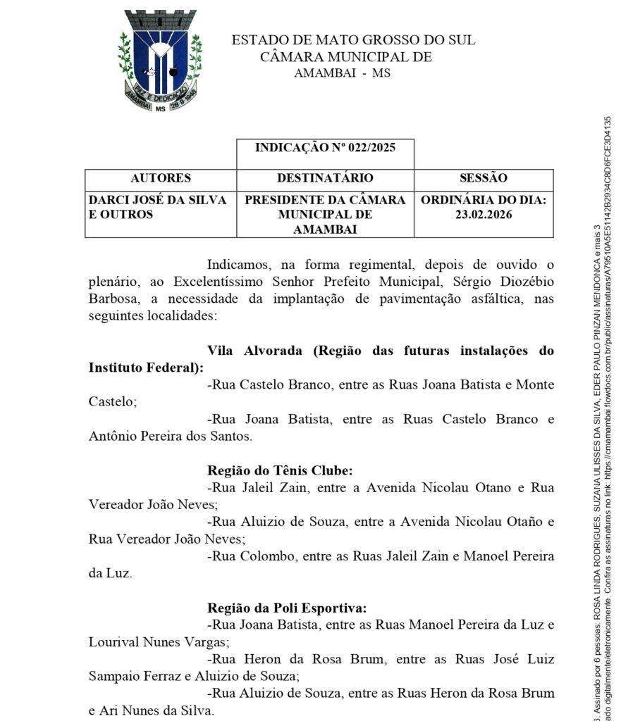 Darci pede implantação de asfalto da região das futuras instalações do IFMS e outras localidades em Amambai Darci pede implantação de asfalto da região das futuras instalações do IFMS e outras localidades em Amambai