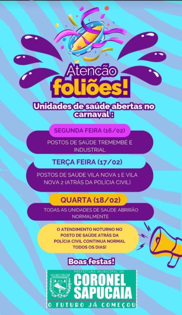 Unidades de saúde terão atendimento especial durante o Carnaval em Coronel Sapucaia